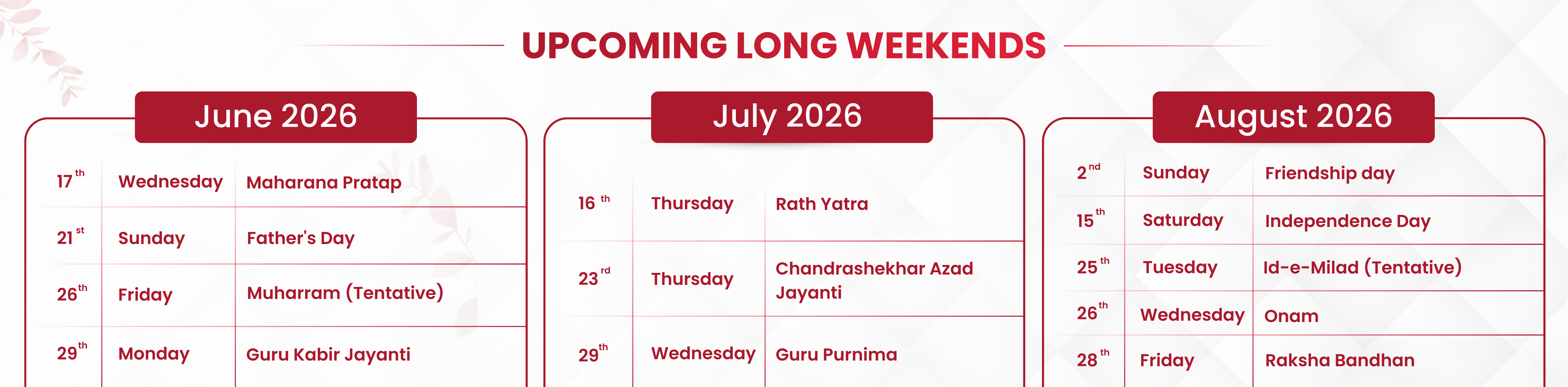 Upcoming long Weekends